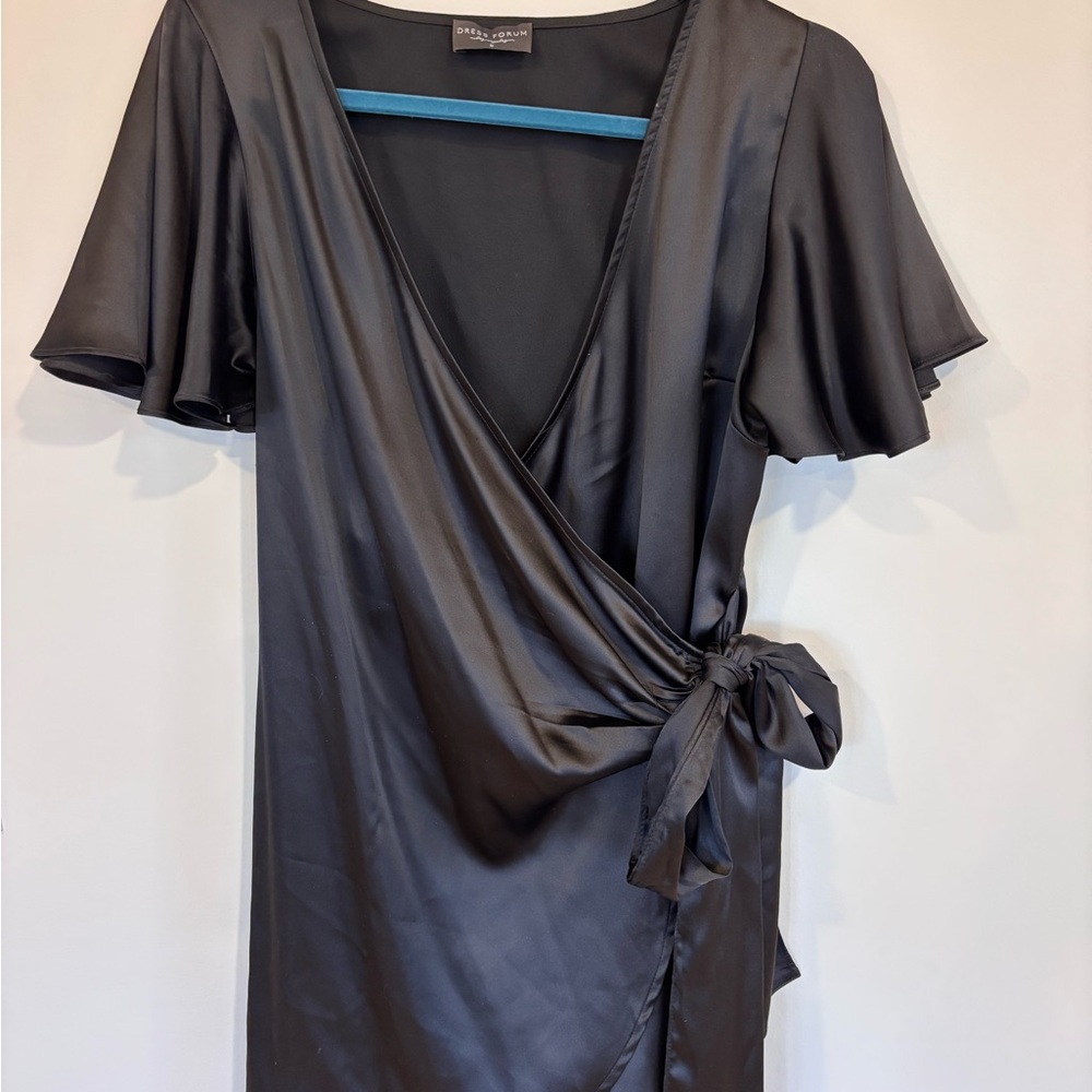 Satin Black Wrap Mini Dress - Size S